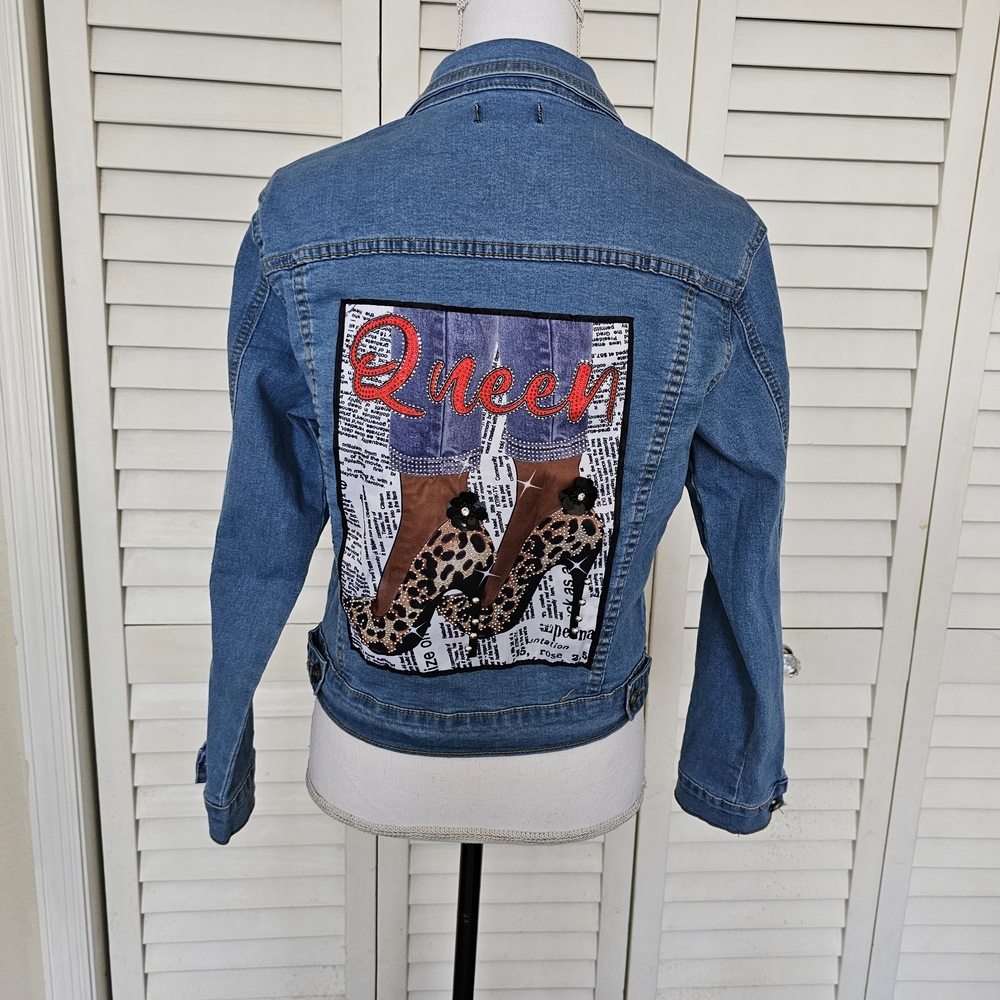Phoebe J Collection Denim Jacket Size S Embellished Queen Stilettos Bling Glam